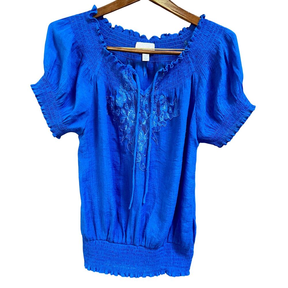 Dressbarn Peasant Blouse Lace Applique Royal Blue 1X
